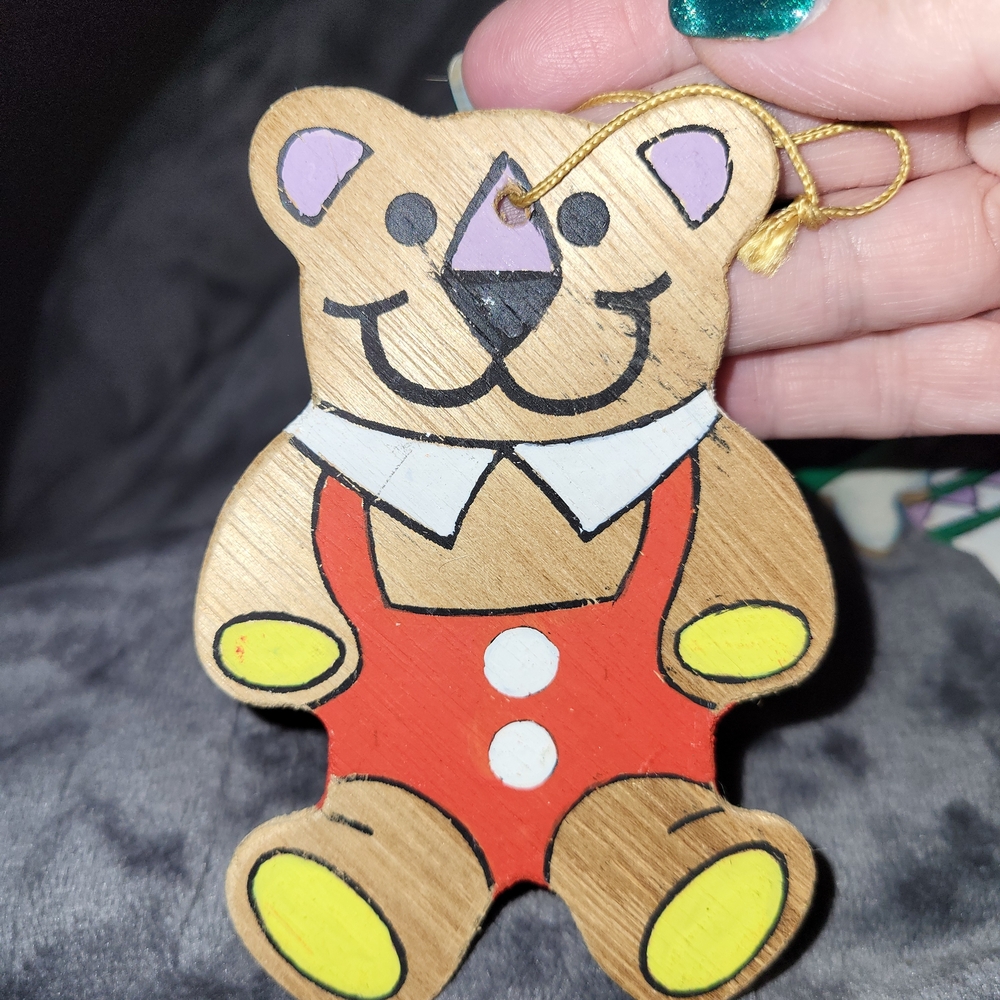 Wooden Bear Ornament with Red Overalls